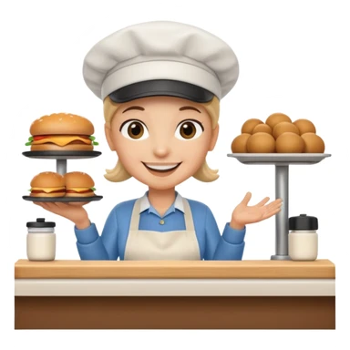 A 3D cartoon deli worker wearing an apron and hat, serving a customer at the counter, friendly smile, Memoji-style. sticker
