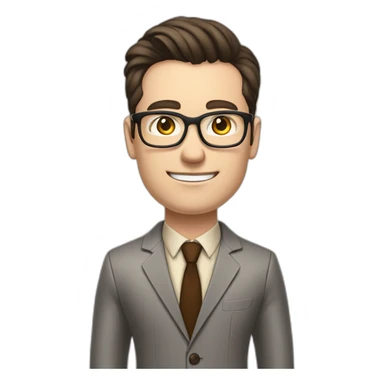 Pale skinned fit man with dark brown hair in gray jacket, beige office shirt, brown tie, brown pants and vintage glasses Writing text on a flipchart sticker