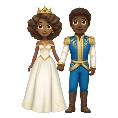 A princess with tan skin, brown hair and a long white dress with jewelry dancing with a prince that is dark skin and curly brown hair with a blue and gold outfit  sticker