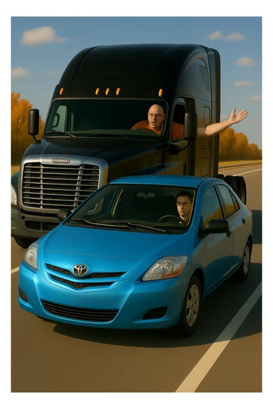 Make the driver of the black semi truck look angry, bald, wearing an orange shirt and glasses, with their arm out the window. Keep the scene bright and vibrant, with a person in the car in front. sticker
