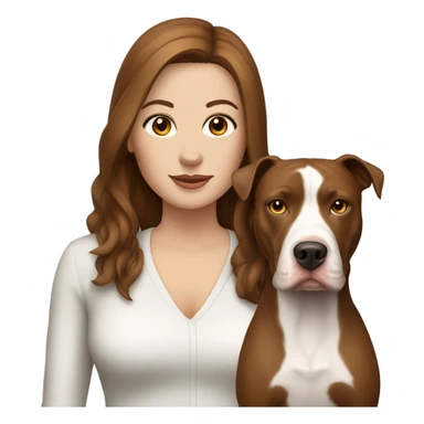 white woman with straight long brown hair standing alongside a white pitbull sticker