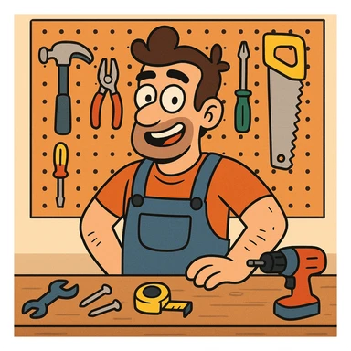 cartoon-style workshop with colorful tools and a pegboard, vibrant and playful sticker