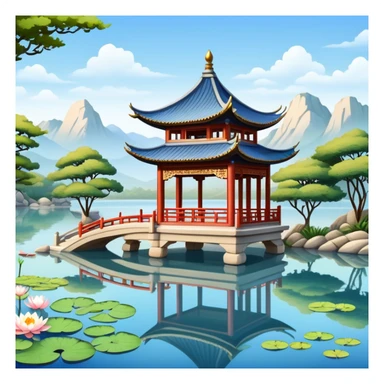 Traditional Chinese pavilion near a peaceful lake sticker