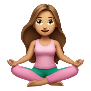 A girl with brown long hair, fair skin and green eyes is meditating in a relaxed lotus position in a comfortable pink top and pink leggings sticker