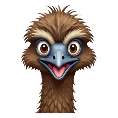 Cinematic Comical Emu Portrait Emoji, Head tilted dramatically with an exaggeratedly amused expression, featuring a striking, textured brown plumage with a comically small head and wide, expressive eyes full of playful disbelief, Simplified yet hilariously expressive features, highly detailed, glowing with a slightly sassy glow, high shine, dramatic yet playful, stylized with an air of cheeky outback mischief, bright and endearing, soft glowing outline, capturing the essence of a spirited and over‐the‐top emu, so meme‐worthy it feels like it could squawk its way into internet fame instantly! sticker