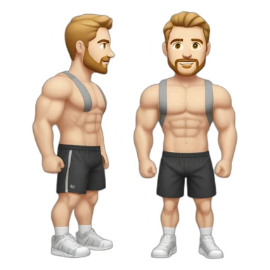 Full height Pale skinned fit man With biceps, Realistic eyes and mouth, light brown hair and stubble In dark gray sleeveless mike, black oversize sports shorts, watch and white sneakers. sticker