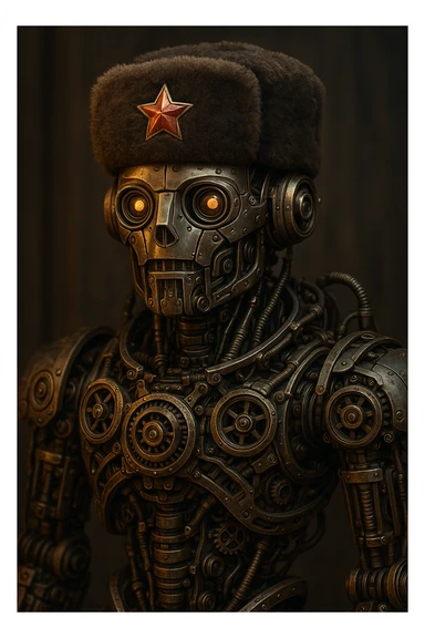 Mateo as a robot wearing a Russian shapka hat, visible gears and metal parts, intricate robotic design sticker