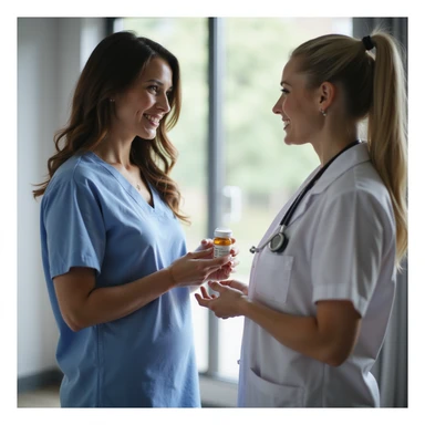 realistic image of a woman receiving a supplement prescription from a doctor after detecting a deficiency, outpatient environment, professional details, reassuring atmosphere sticker