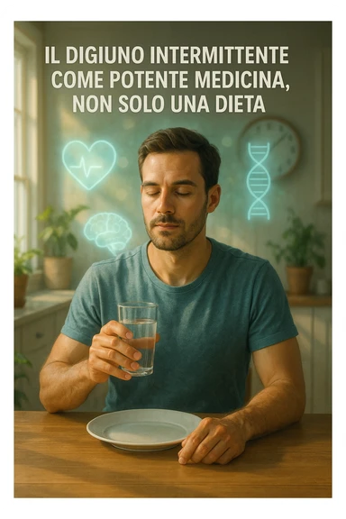 A realistic, cinematic illustration of a healthy, calm man in his early 30s sitting in a bright kitchen in the morning, with an empty plate in front of him and a glass of water in his hand, looking serene and focused. Behind him, the background shows subtle symbols of health: green plants, sunlight streaming in, and a blurred wall clock showing 10:00, symbolizing the fasting window. Above the man, a translucent overlay of medical icons (heart, brain, DNA strand) glows softly, illustrating that intermittent fasting acts as a powerful medicine, not merely a diet. The color palette is fresh and natural, emphasizing health, clarity, and focus. The style is realistic with slight cinematic tones, conveying that the man is using intermittent fasting as a tool for cellular regeneration, inflammation reduction, and health optimization rather than weight loss in italiano sticker