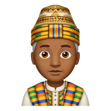Create an emoji of an old African king wearing kente cloth and white shirt with an african kufi hat sticker