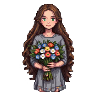Cool girl with long brown hair holding a bouquet of flowers sticker