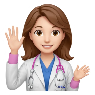 Barbie like emoji of a white woman with brown eyes and long wavy brown hair wearing blue scrubs, white lab coat, pink stethoscope, and raising one hand and a warm smile sticker