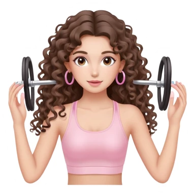 cute balayage brunette long hair curly/wavy haired girl, hoop earrings, clean girl makeup DOING pilates EXERCISE with a cute pastel pink set sticker