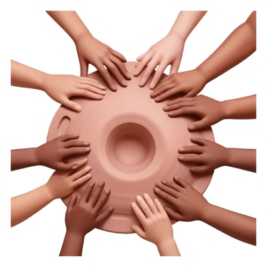 multiple hands working together to form and shape a large pink clay sculpture, collaborative pottery making sticker