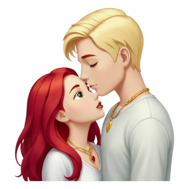 couple kissing, girl with long cherry red hair and blonde eyebrows, gold A necklace, light clothes, and boy with PURE WHITE SHORT HAIR (completely white like paper, not blonde, not gray) sticker