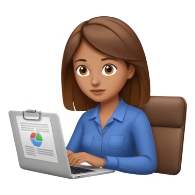 A brown hair woman scrolling, with a laptop open to a work document sticker