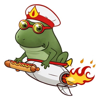 riding a hotdog rocketship, full body, flames coming out the back sticker