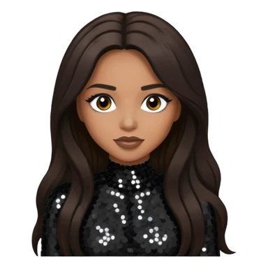 Ciara with long dark brown hair, black sequin outfit sticker