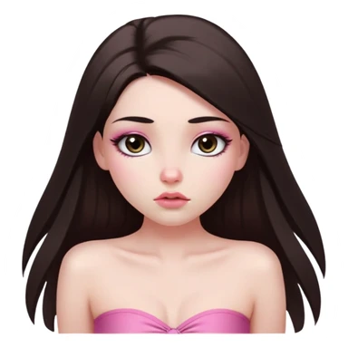 girl with white skin, dark brown long straight hair falling in front of her body, pouty shiny lips without cupid's bow, shiny large eyes with long eyelashes, lighter button nose, very long oval-shaped face, wearing a pink bandeau top with straight neckline, looking directly at camera with hands down at sides sticker