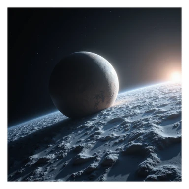 Pluto as a planet, realistic style, icy surface, distant sun, space background sticker