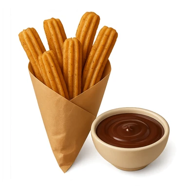 Remove the chocolate drizzle from the pile of churros in a paper cone. Show the pile of churros in a paper cone with a bowl of chocolate dipping sauce. Keep the background transparent. sticker