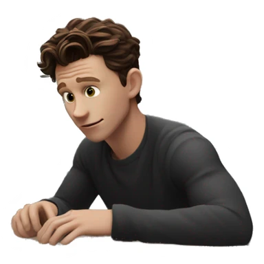 tom holland at his desk looking at his computer sticker