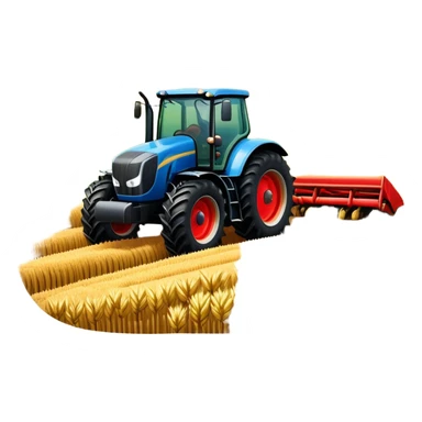An icon representing a farming simulator, with a detailed tractor plowing fields under a bright sky with rural landscape. The design includes farming tools, crops and barns, symbolizing the immersive experience of managing a farm. Transparent background. sticker