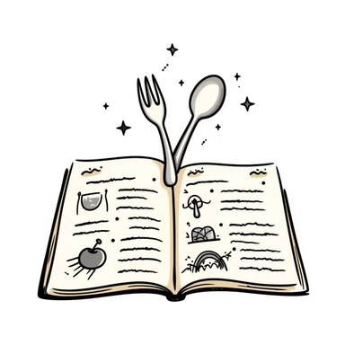 Whimsical enchanted cookbook with magical fork and spoon emblem that's animated with sparkling fairy dust, magical recipe collection sticker