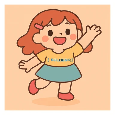 Add the SOLDESK logo to the character's shirt, keep the pastel toon style, preserve the original background. sticker