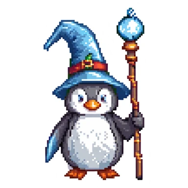 A penguin wizard with a magical staff and a pointy hat sticker
