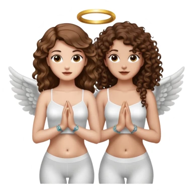 fake angel pose — long wavy brown hair tattooed woman and short tight curly brown hair woman — halo sparkle sticker