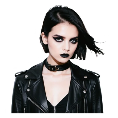Chucky's bride in a black dress and black leather jacket, heavy dark eye makeup sticker
