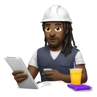 Black man with dreads with a hard hat and clipboard and a purple drink in other hand  sticker