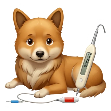 A sick dog lying down with a digital thermometer placed next to it, showing a fever.
The dog looks tired and weak, with a warm and cozy indoor atmosphere. sticker