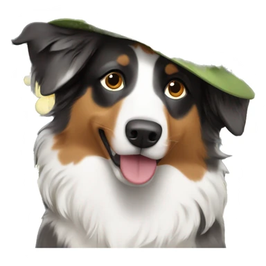 australian Shepard with a flowery leafy hat sticker