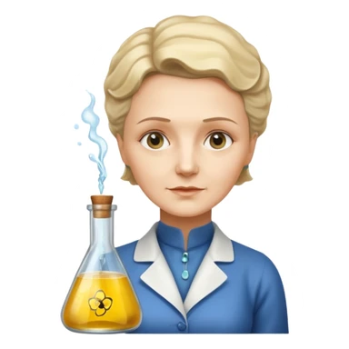 Marie Curie with experimental bottle sticker