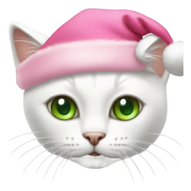 white cat with green eyes wearing pink santa hat sticker