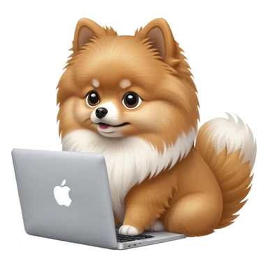 Cute Pomeranian dog working on a MacBook, viewed from a slight angle from the side, showing the entire top lid with the Apple logo sticker