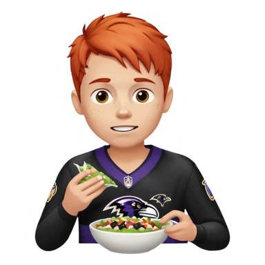 a red-haired boy wearing a ravens jersey and eating a chipotle burrito bowl sticker