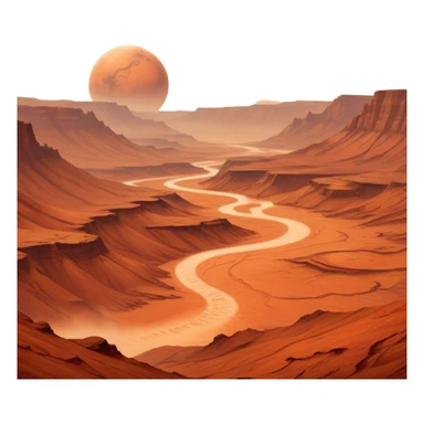 Cinematic Realistic Mars, portrayed with rugged, rust-colored landscapes, deep canyons, and swirling dust storms rendered with lifelike texture and an orange-hued glow that evokes the enigmatic allure of the Red Planet. sticker