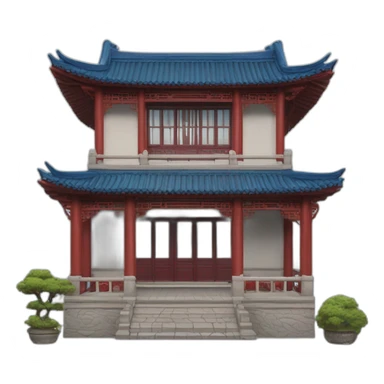 the facade of a medium-sized Chinese-style house with a blue roof and red wooden structures sticker