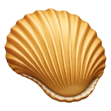 A madeleine pastry. Oval seashell shape with ONLY four to five vertical lines going in the same direction. Light golden brown. Scalloped edge. Cookie. Flat. Long. Oval shape. Lets scallops. Only four or five scalloped lines sticker