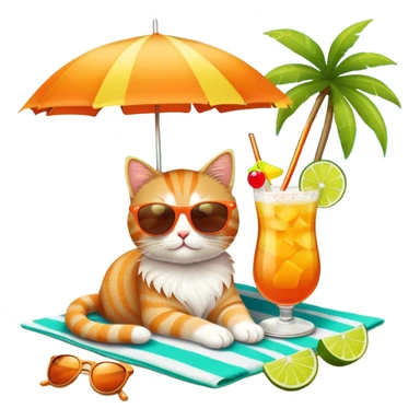 Cute cat on beach towel with a tropical mai tai drink and sunglasses sticker