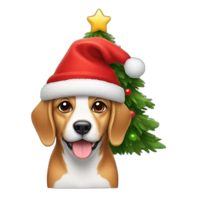 a dog in a red hat with a Christmas tree sticker