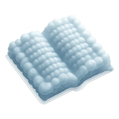 top view of a thick open book made entirely of small, very bright white fluffy convex clouds, matte glass style sticker