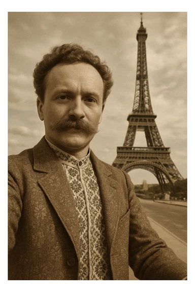 takes a selfie in front of the Eiffel Tower sticker