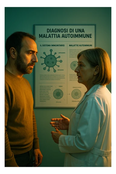 Realistic, detailed photo taken from behind of one doctor e un paziente —a bearded man and a middle-aged woman—standing and facing each other as they discuss an autoimmune disease diagnosis in front of a medical chart that displays information about the immune system and autoimmune conditions. The scene is illuminated by a yellowish, orange, warm light that softly envelops the doctors. The entire room is bathed in a single green-blue color, creating a cohesive and modern atmosphere. Both doctors wear white coats, and their body language suggests a serious, professional conversation about the complexities of autoimmune diseases. Shot with a Canon EOS R5, with high detail and natural depth of field. in italiano sticker