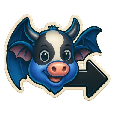 Edit the cow-bat hybrid emoji to be holding or next to a bold back arrow. Keep the same style and colors as the reference image. Ensure high visibility suitable for Discord and Slack. No background (transparent). sticker