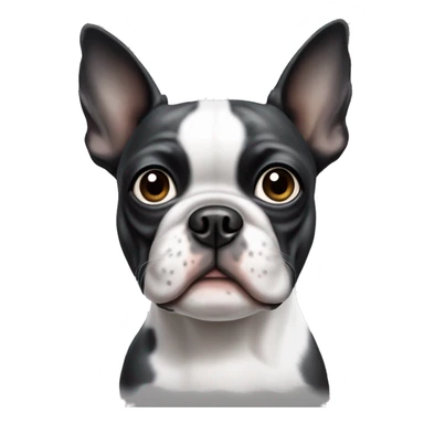 Boston terrier dog white with a grey patch over his left eye and ear sticker