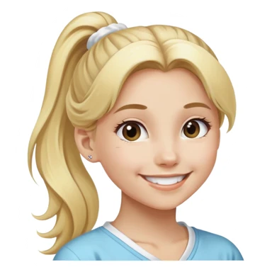 girl smiling with long blonde hair in a pony tail with a white scrunchie sticker